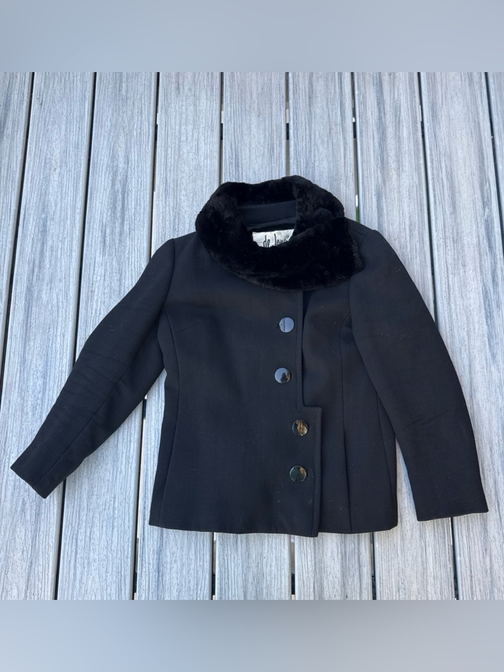 Vintage De Jong’s Black Short Coat with Faux Fur Collar Small